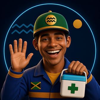 Irie, the IXpress Guide: a smiling 3D-illustrated courier in a green cap and blue courier jacket, waving and holding a small medical cooler